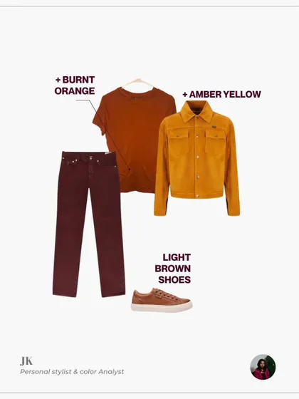 For a bolder, warm-toned look, try pairing wine trousers with a burnt orange t-shirt and an amber yellow jacket. It's a stylish combination that shows confidence.