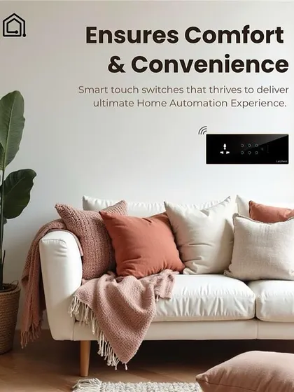 This is where comfort meets convenience. A look at a sleek, black smart touch switch installed in a modern living room, delivering the ultimate home automation experience.