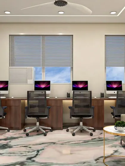 This 3D render shows a row of workstations designed to maximize natural light from the large windows. The clean layout and ergonomic chairs ensure a comfortable and productive environment for the team.