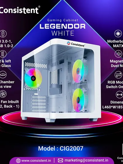 Our Legendor gaming cabinet in white offers a premium dual-chamber glass view with front and left side glass panels. It includes three ARGB fans, a magnetic dust net, and top-mounted RGB mode controls for easy customization of your MATX build.