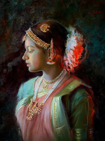 "Adornment," a beautiful oil painting by featured artist Manjushree Roy. This piece is a stunning example of traditional portraiture and the rich, deep colors achievable with oils.