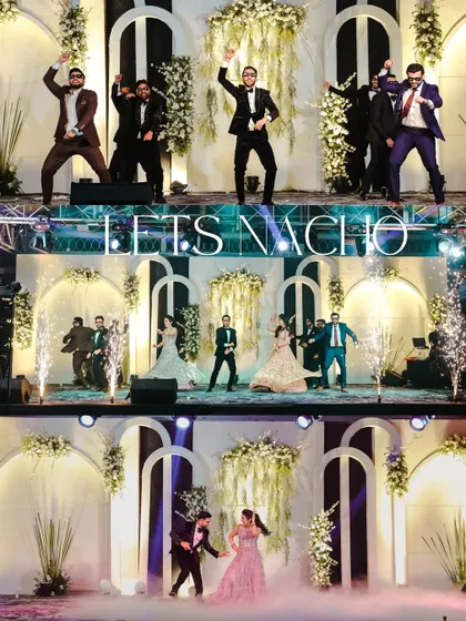 A high-energy collage from a Sangeet night. It showcases the groom's friends dancing, the couple's performance, and the grand stage setup with pyrotechnics.