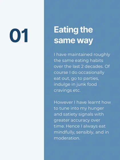 The five habits that kept me healthy for decades: consistent eating, moving all day, drawing boundaries, resting well, and being content.