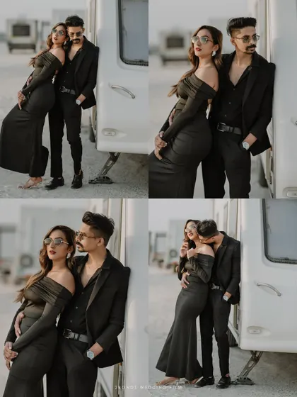 A four-panel collage of the couple in a series of intimate and high-fashion poses, highlighting their chemistry and style during their desert shoot.