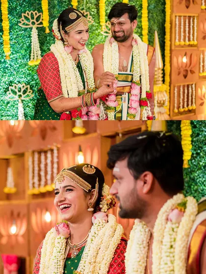 Candid moments of laughter and interaction between the couple during their Tambram wedding ceremony. These unscripted shots show their genuine connection and joy.