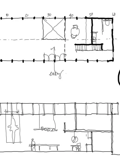 For us, everything begins with a sketch. It is our way of thinking, of giving form to an idea as it evolves. These initial drawings for an artist's studio show the journey from a loose concept to a more defined architectural plan, long before any software is opened.