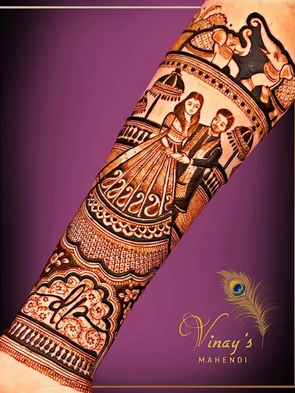 A close-up of a custom bridal design featuring a portrait of the couple. The fine lines and shading bring their figures to life, making the mehndi truly special.
