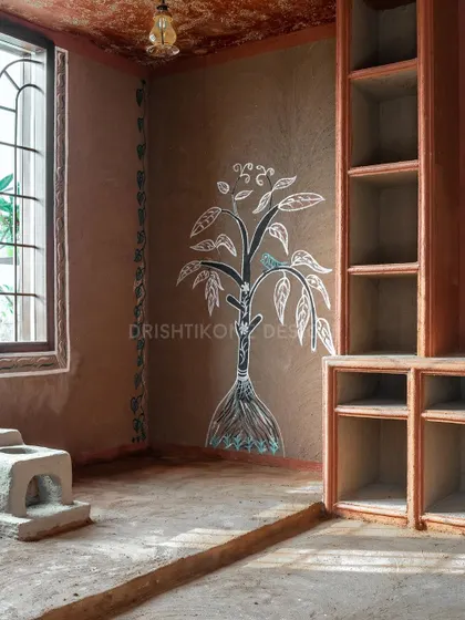 Another view of our "Chulha Rasoi" project, showcasing the traditional clay stove (chulha) and hand-painted tree mural. This design brings a touch of nostalgic, rustic charm to a modern home.