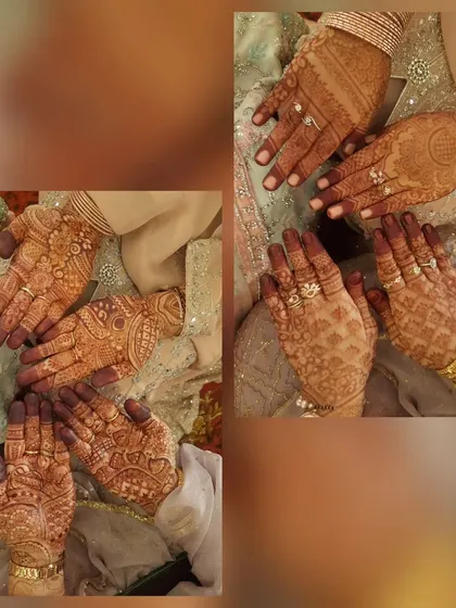 A collage showing stain results from a group henna session. It's so rewarding to see everyone happy with their beautiful, dark mehndi.