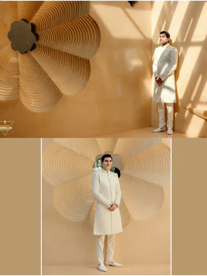 A collage of the groom in his white sherwani, posing against a creative, textured wall, showcasing his clean and elegant style.