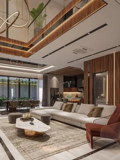 A wide-angle 3D render of a grand living space, showing the interplay of different materials like wood, marble, and metal. The design includes a double-height ceiling and a view आधुनिक the dining area and staircase.
