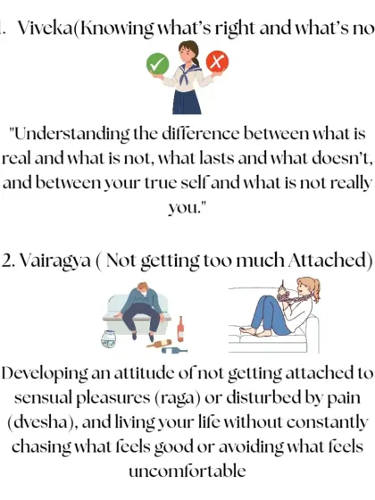 The first two pillars are Viveka (knowing what is right) and Vairagya (non-attachment). These qualities help us distinguish the real from the unreal and live without chasing sensual pleasures.