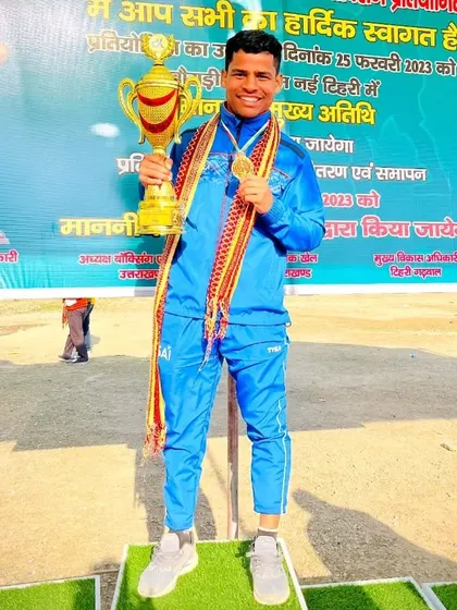 Our coach Rahul Singh with his gold medal and trophy at the Elite Men Uttarakhand Senior Boxing Championship. Our coaching staff doesn't just teach; they compete and win.