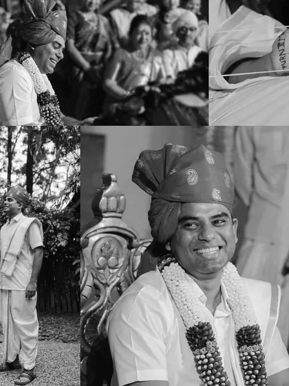 A monochrome collage celebrating our handsome groom, capturing his joy and charm on the wedding day, from candid smiles to traditional rituals.