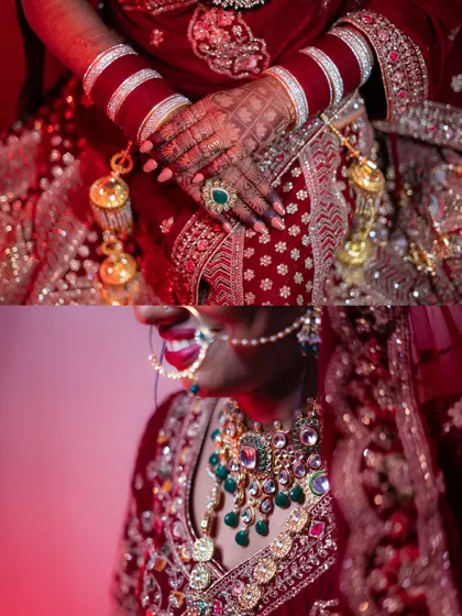 A close-up collage highlighting the bride's traditional red bangles (chooda), kalire, and stunning bridal jewelry.