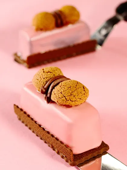 A beautifully crafted pink entremet from a Morde Chocolate project. The lighting and composition are designed to make this dessert look like a piece of edible art.