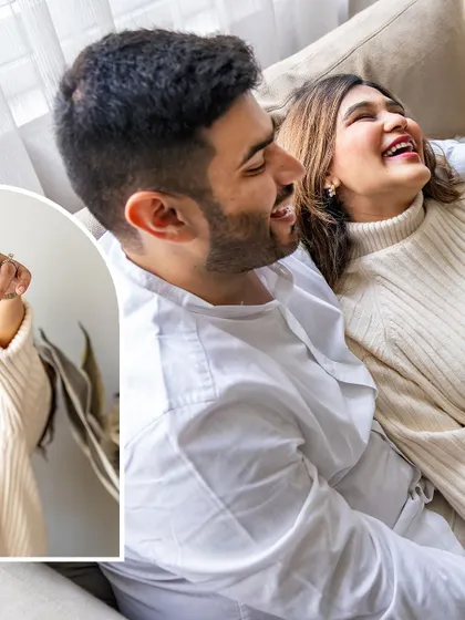 A collage capturing the laughter and joy of an expecting couple, a preview of their journey from puppy cuddles to baby snuggles.