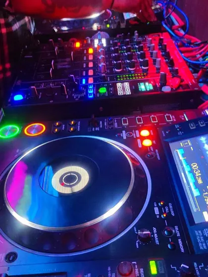 My battle station. A close-up of my Pioneer DJ console and mixer, all lit up and ready for a Saturday night gig at Orange Mint Lounge.