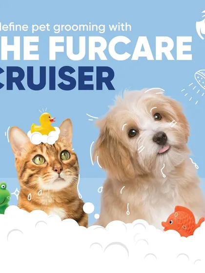 For your convenience, I bring the full spa experience to you with The Furcare Cruiser. This image shows that both cats and dogs can enjoy a professional grooming session right at your doorstep.