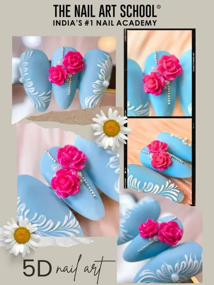 A beautiful example of 5D floral nail art. This collage shows a matte blue base adorned with white painted details and vibrant, sculpted pink roses.