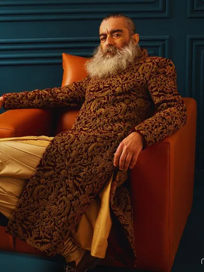 Seated in our maroon and gold embroidered sherwani, this look exudes a powerful, confident presence. It's a modern interpretation of the classic Indian maharaja style.