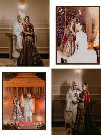 A four-photo collage that tells the story of the wedding day, including posed portraits, candid moments during the rituals, and the grand ceremony itself.