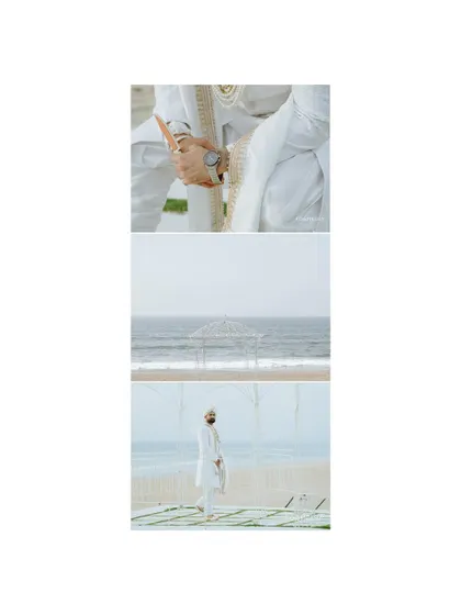 A collage showing the handsome groom getting ready for his beachside wedding, looking dapper and ready for the big day.
