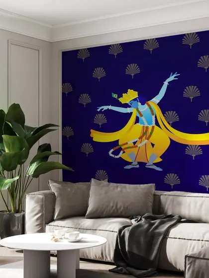 This living room is transformed into a space of joy and devotion with our Dancing Lord Krishna wallpaper. The design serves as a beautiful reminder of cultural and spiritual heritage.