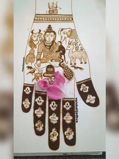 Another look at the Shravan design, adorned with flower petals. This piece is a celebration of Lord Shiva and the spiritual energy of the month.