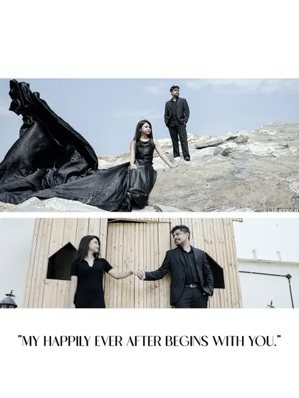 A pre-wedding collage with dramatic black gown shots and the text 'My Happily Ever After Begins With You'.