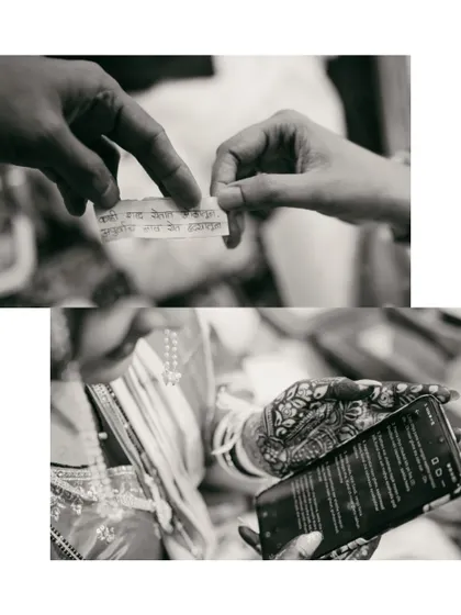 A black and white collage showing modern and traditional ways of keeping vows, from a handwritten note to a phone screen.