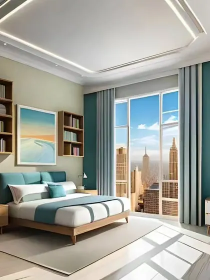 This bedroom with a city view features a calming blue and white color palette. The built-in bookshelves around the headboard provide a practical and stylish storage solution.