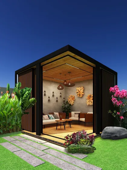 A wider view of the modern gazebo concept, showing the planned pathway and surrounding plantings. This helps in understanding the scale and placement of the structure.