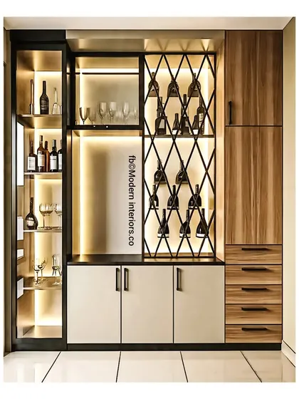 This stylish bar unit combines a glass display cabinet with a unique criss-cross wine rack. The combination of light wood and white cabinet fronts is modern and fresh.