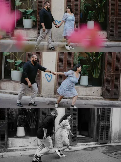 A three-panel collage telling a story of a couple playfully running down a city street. The mix of color and black and white adds an artistic touch to the sequence.