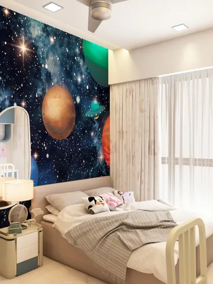 A 3D render for a kid's room with a space theme. The galaxy wallpaper creates an immersive experience, making the room a fun escape for a child with a love for astronomy.