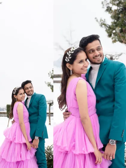 A diptych of Nikul and Sejal sharing a happy moment in the snow. Their bright smiles and coordinated poses make for a cheerful and charming couple portrait.