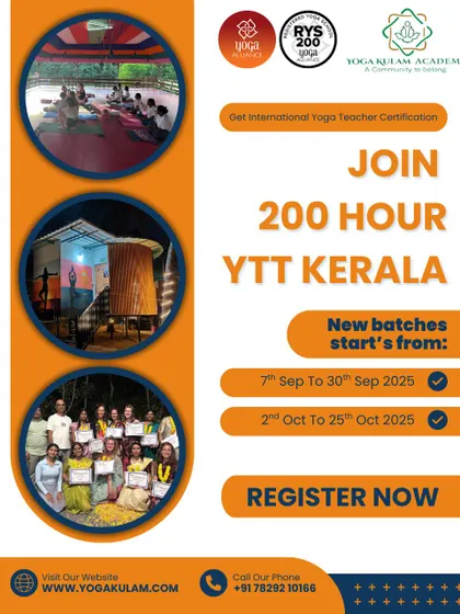A collage promoting our 200-hour YTTC in Kerala, showing the variety of experiences: group practice in the shala, a student in a deep posture, and a graduation ceremony with the whole group.