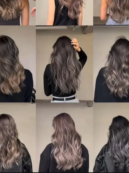 A mood board of beautiful balayage and ombre styles in ashy and brown tones. Use this for inspiration for your next salon visit.