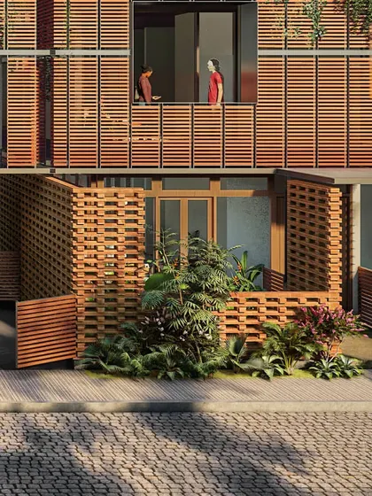 The facade of a home, featuring operable wooden louvered screens. These elements allow residents to control the amount of light and privacy, creating a dynamic facade that changes based on the time of day and the occupants' needs.