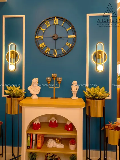 A bold and elegant corner featuring a teal accent wall, a large clock, and classic decor pieces. This design is all about making a statement with color and style.