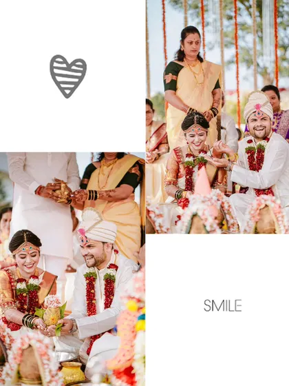 A collection of joyful moments from the wedding ceremony, highlighting the couple's smiles and the active participation of their family.