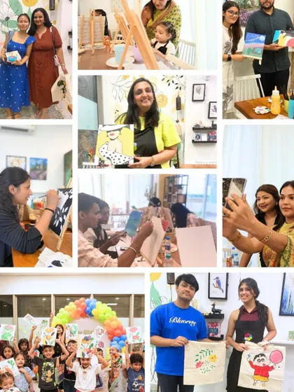 This is the heart of Soaked in Canvas. A collage of smiles, colorful canvases, and beautiful moments from our workshops, showing new moms on a break, couples on art dates, and friends celebrating together. Every person brings their own story and leaves with a happy memory.