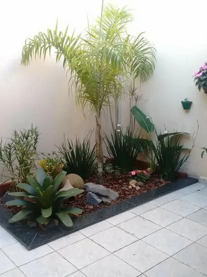 A small, simple indoor garden bed in a tiled corner. We used a mix of plants like areca palm and bromeliads with a mulch base to create a tropical feel in a compact space.