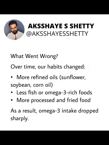 What went wrong with our fat intake? Our modern habits shifted to more refined oils and processed foods, with less fish and omega-3 rich foods. As a result, our omega-3 intake dropped sharply, creating an imbalance.