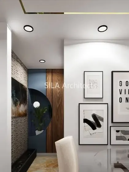 A dining area render with a simple, elegant table and a gallery wall, creating a personalized and artistic touch.