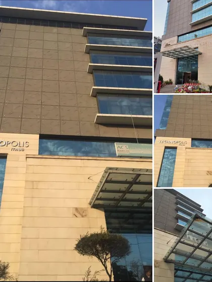 A collage of images from the Technopolis IT Hub. These different views highlight key architectural features, including the cantilevered window bays and the welcoming glass entrance canopy, which remain functional and stylish.