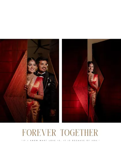 A "Forever Together" diptych, with the couple peeking from behind a door, symbolizing their playful journey into marriage.
