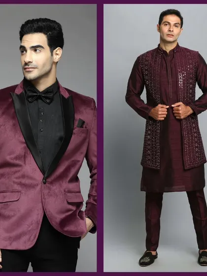 A burgundy velvet tuxedo and a burgundy embroidered kurta set. Perfect for making a statement at any event.