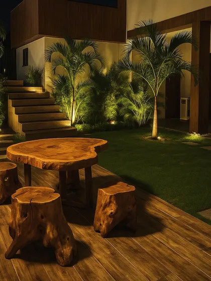 A night view of the same Faridabad backyard concept, with uplighting on the palm trees and a warm glow from the wooden deck.